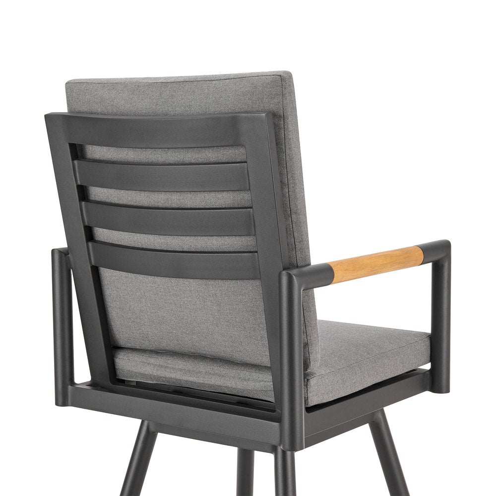 48" Dark Gray Metal Swivel Outdoor Bar Height chair with Footrest. Outdoor bar chair isolated on a plain white background, in a charcoal metal finish.