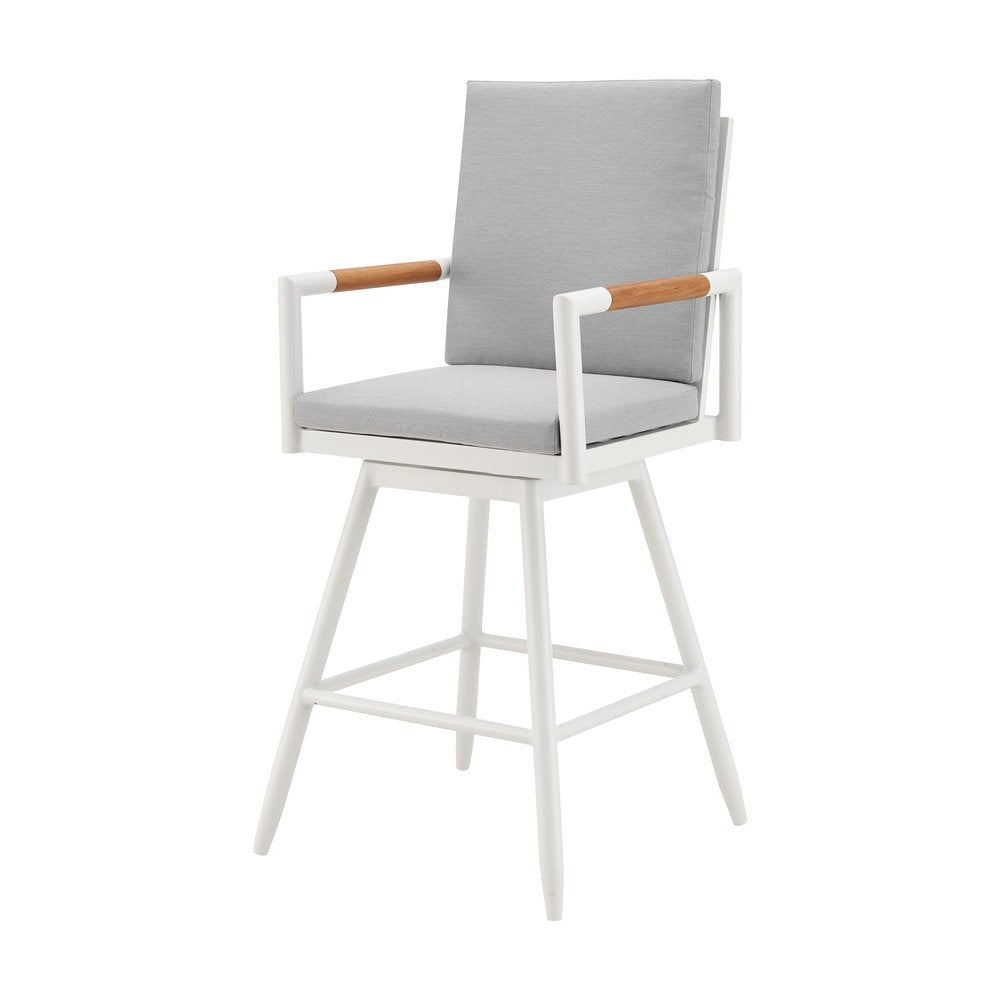 43" Light Gray Metal Swivel Outdoor Counter Height Bar chair with Footrest. Outdoor bar chair isolated on a plain white background, finished in light gray metal.