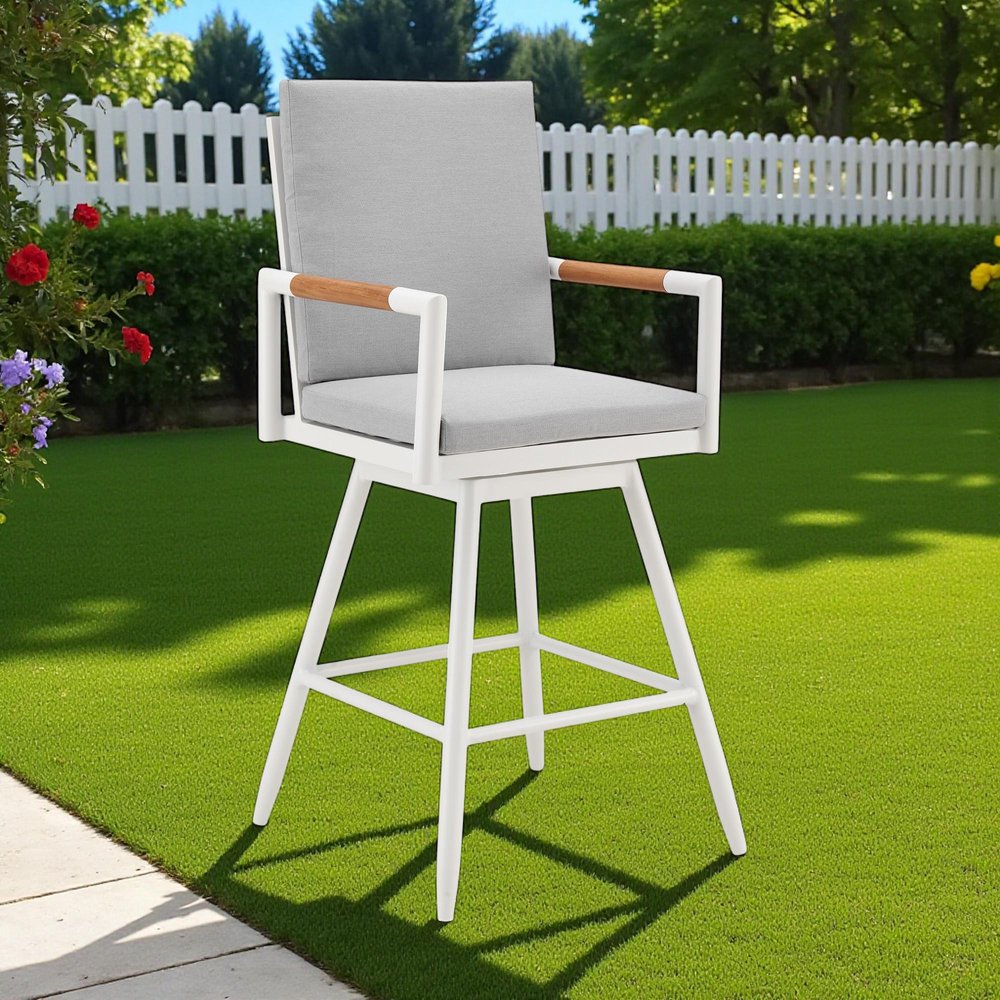43" Light Gray Metal Swivel Outdoor Counter Height Bar chair with Footrest. Outdoor bar chair in light gray metal.