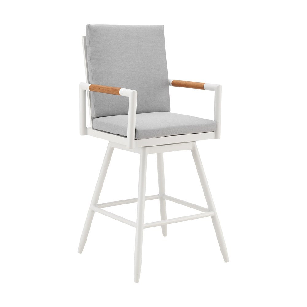 White metal swivel outdoor bar chair with gray cushions and wood armrests on a white background.
