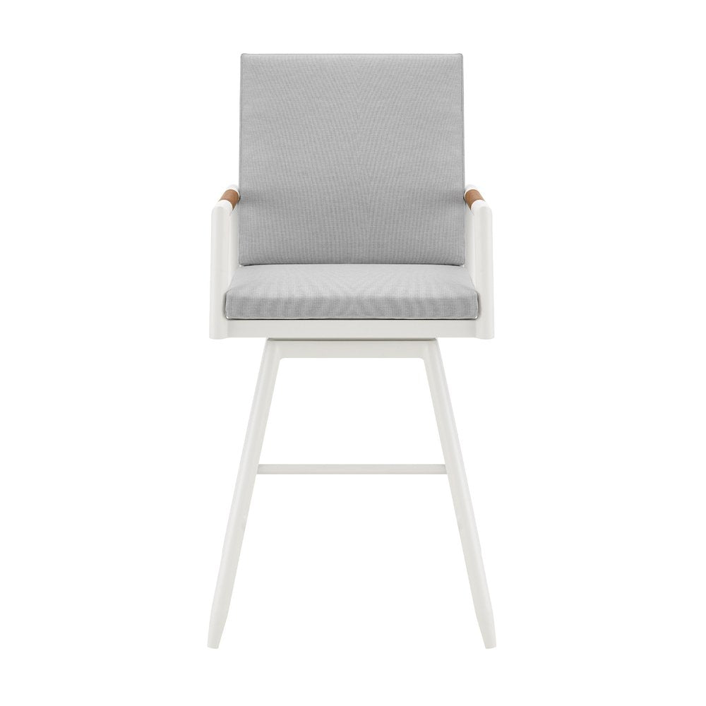 43" Light Gray Metal Swivel Outdoor Counter Height Bar chair with Footrest. Outdoor bar chair isolated on a plain white background, finished in light gray metal.
