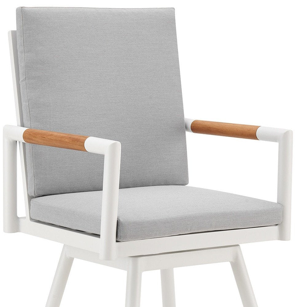48" Light Gray Metal Swivel Outdoor Bar Height chair with Footrest. Outdoor bar chair isolated on a plain white background, finished in light gray metal.
