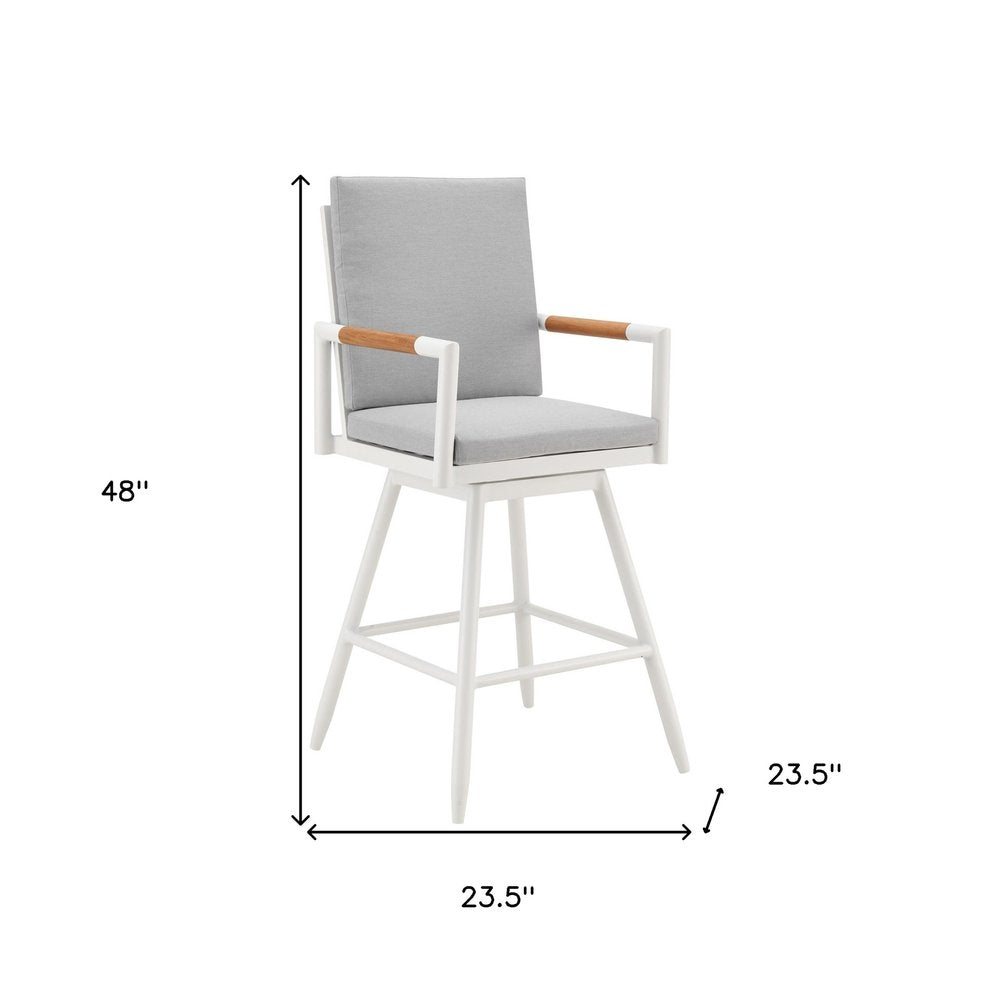 48" Light Gray Metal Swivel Outdoor Bar Height chair with Footrest. Outdoor bar chair isolated on a plain white background, in a light gray metal finish.