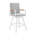 48" Light Gray Metal Swivel Outdoor Bar Height chair with Footrest. Outdoor bar chair isolated on a plain white background, in a light gray metal finish.