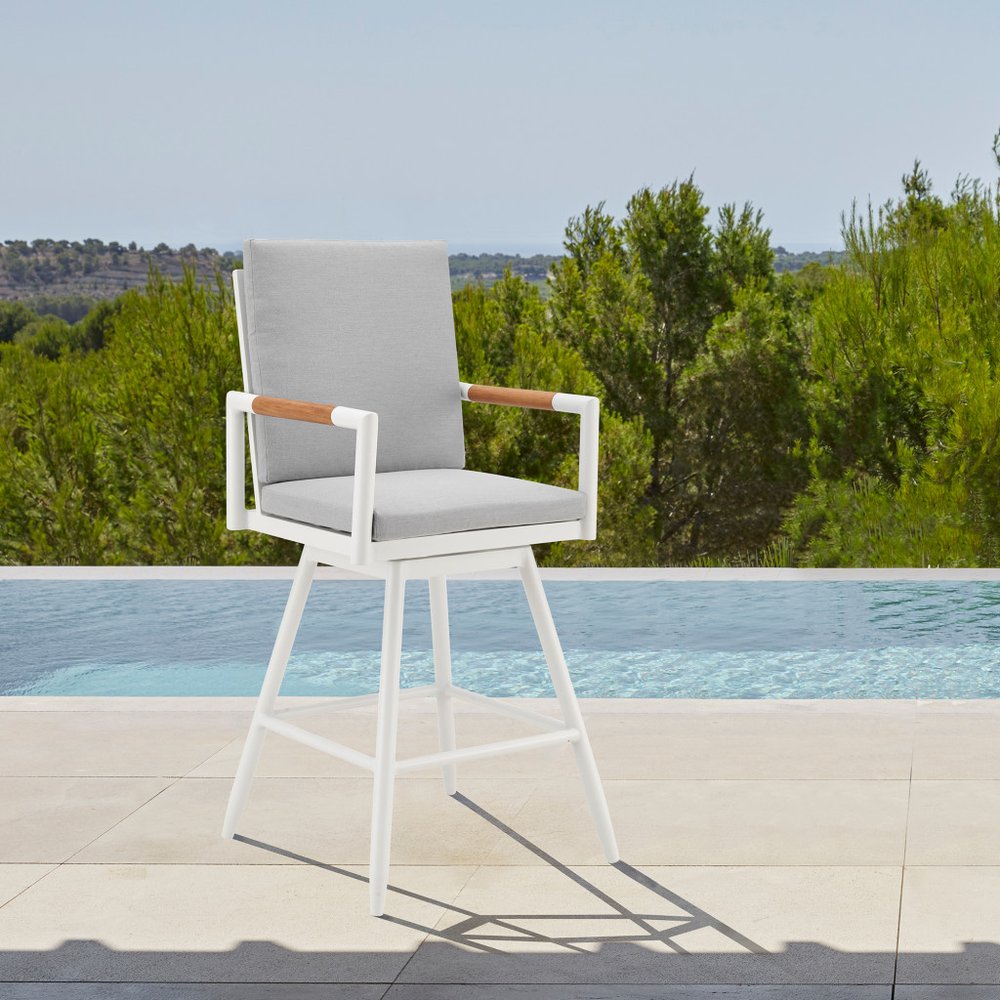 48" Light Gray Metal Swivel Outdoor Bar Height chair with Footrest.
