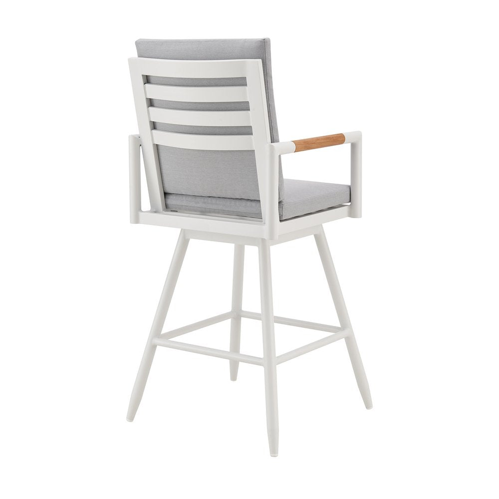48" Light Gray Metal Swivel Outdoor Bar Height chair with Footrest. Outdoor bar chair isolated on a plain white background, in a light gray metal finish.