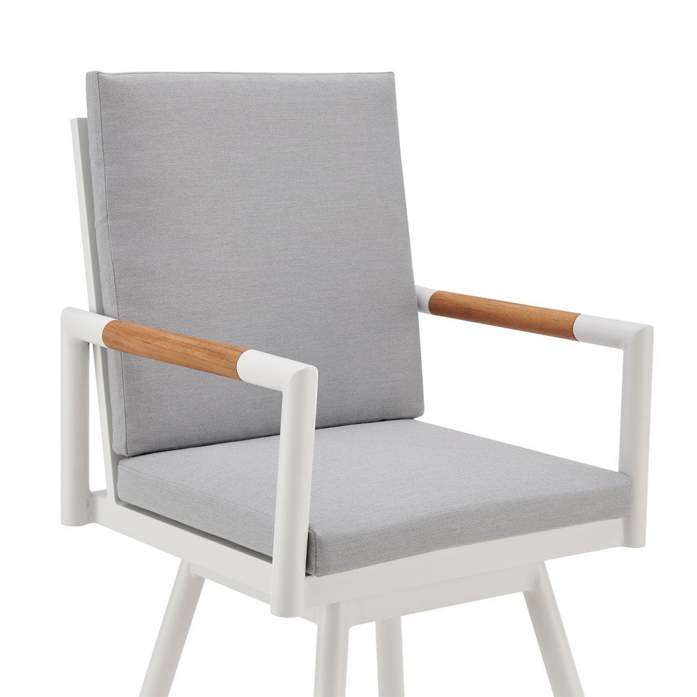 48" Light Gray Metal Swivel Outdoor Bar Height chair with Footrest. Outdoor bar chair isolated on a plain white background, showing a light gray metal surface.