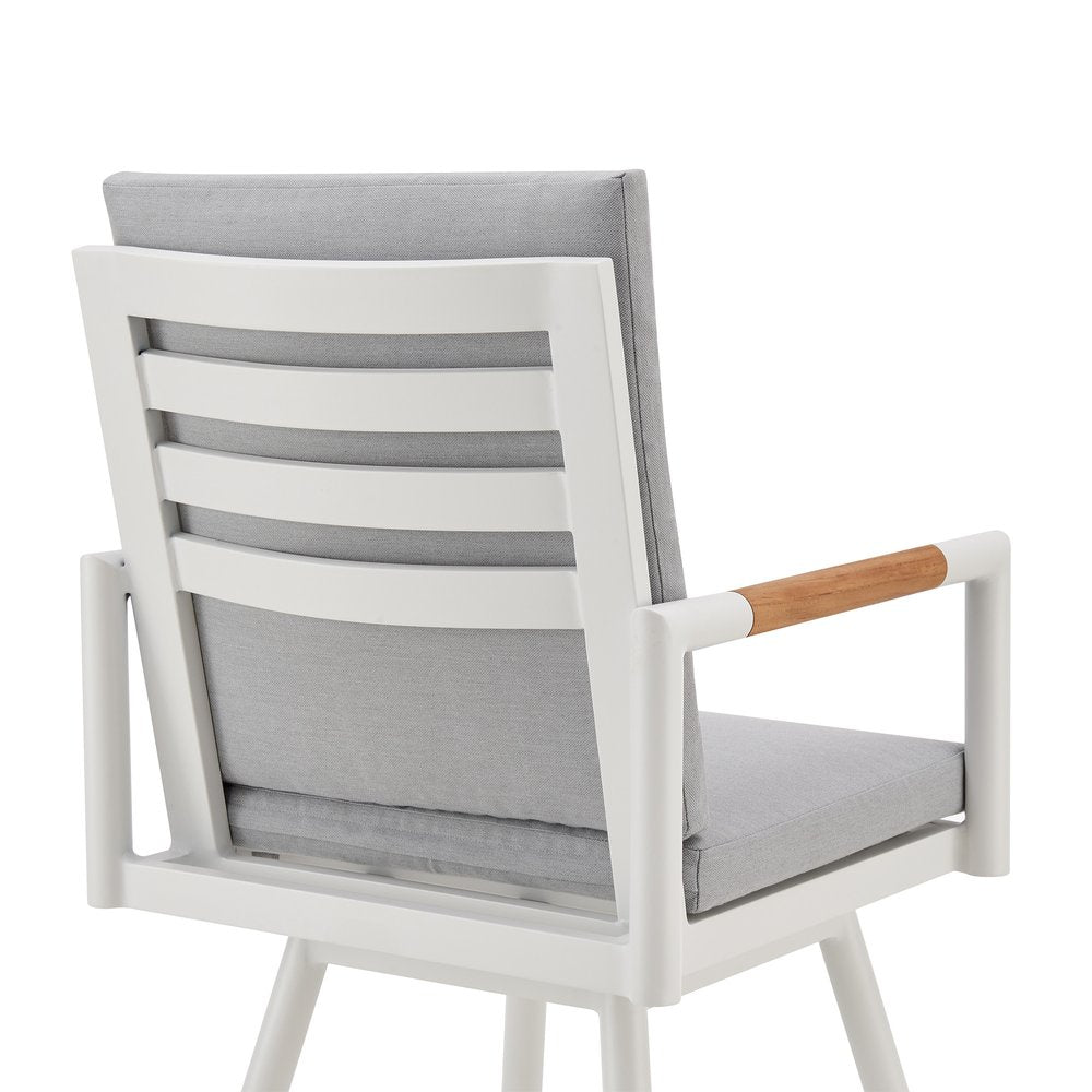 48" Light Gray Metal Swivel Outdoor Bar Height chair with Footrest. Outdoor bar chair isolated on a plain white background, in a light gray metal finish.