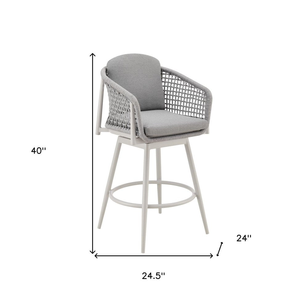 40" Light Gray Metal Swivel Outdoor Counter Height Bar chair with Footrest. Outdoor bar chair isolated on a plain white background, showing a light gray metal surface.