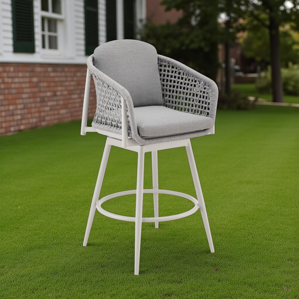 40" Light Gray Metal Swivel Outdoor Counter Height Bar chair with Footrest. Outdoor bar chair in light gray metal.