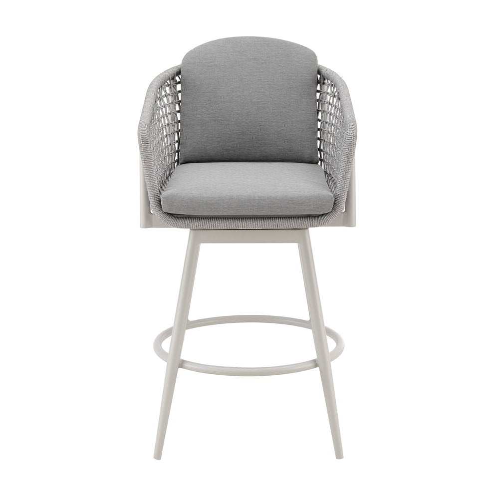 40" Light Gray Metal Swivel Outdoor Counter Height Bar chair with Footrest. Outdoor bar chair isolated on a plain white background, finished in light gray metal.