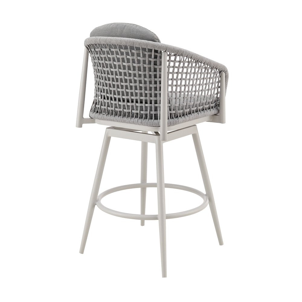 40" Light Gray Metal Swivel Outdoor Counter Height Bar chair with Footrest. Outdoor bar chair isolated on a plain white background, showing a light gray metal surface.