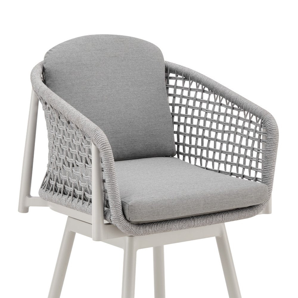 40" Light Gray Metal Swivel Outdoor Counter Height Bar chair with Footrest. Outdoor bar chair isolated on a plain white background, in a light gray metal finish.