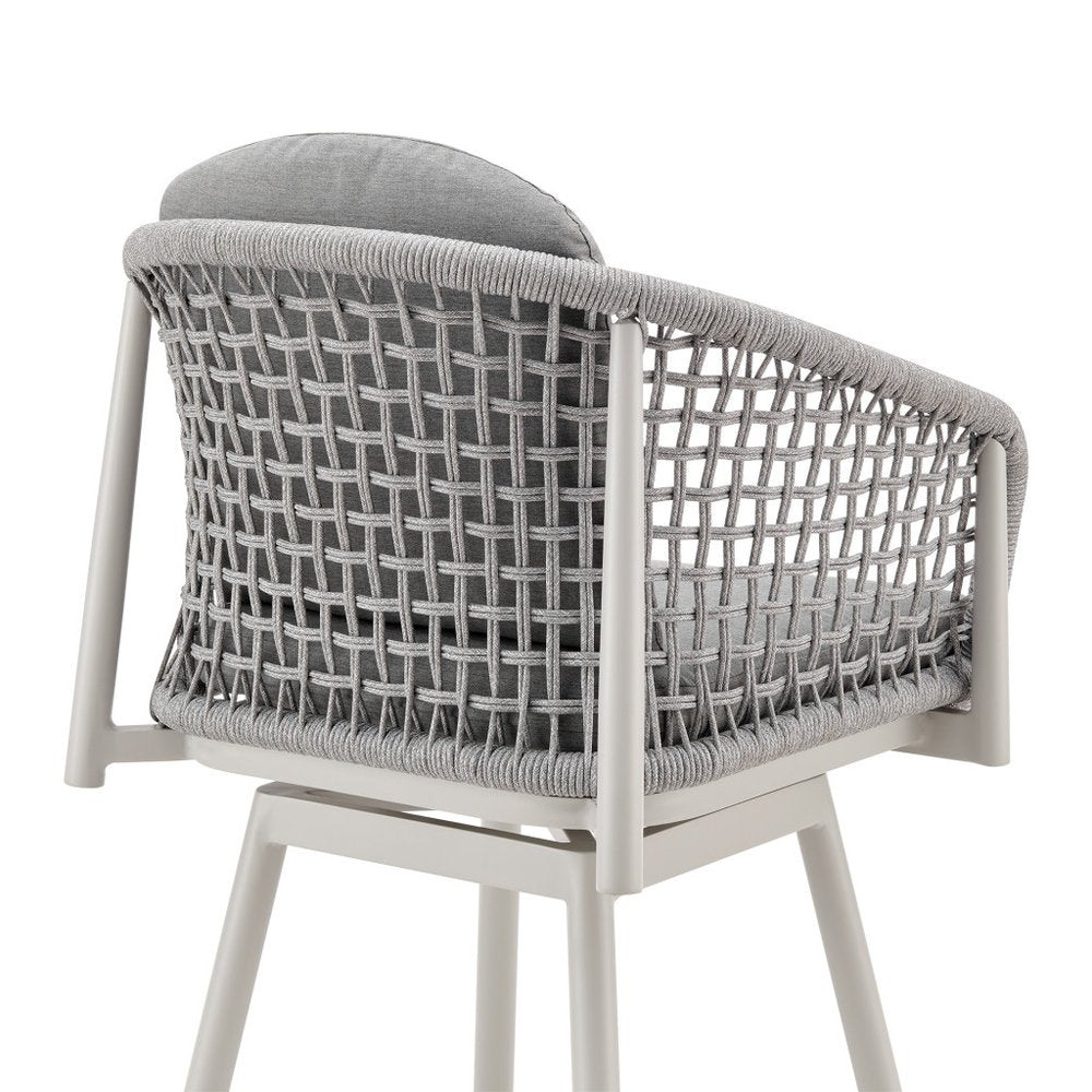 40" Light Gray Metal Swivel Outdoor Counter Height Bar chair with Footrest. Outdoor bar chair isolated on a plain white background, showing a light gray metal surface.