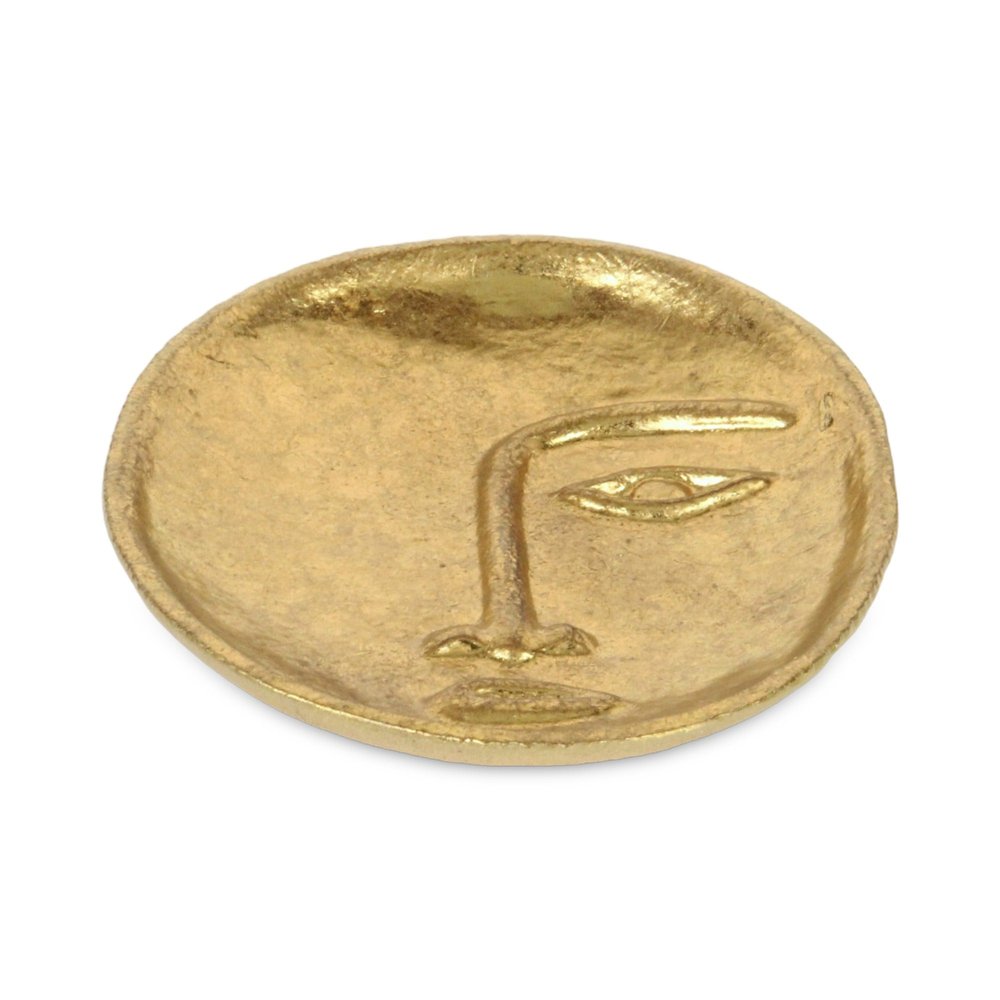 8" Gold Cast Iron Mod Abstract Face Oval Trinket Tray on a white background