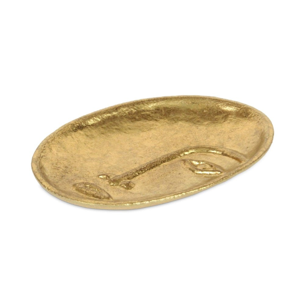 8" Gold Cast Iron Mod Abstract Face Oval Trinket Tray on a white background
