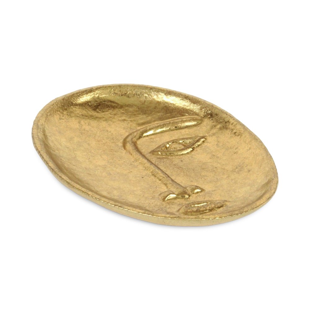 8" Gold Cast Iron Mod Abstract Face Oval Trinket Tray on a white background