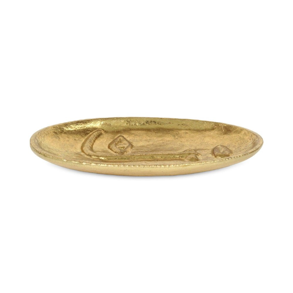 8" Gold Cast Iron Mod Abstract Face Oval Trinket Tray on a white background