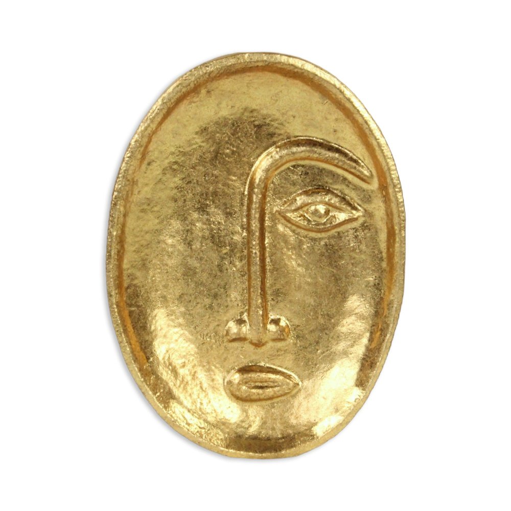 8" Gold Cast Iron Mod Abstract Face Oval Trinket Tray on a white background