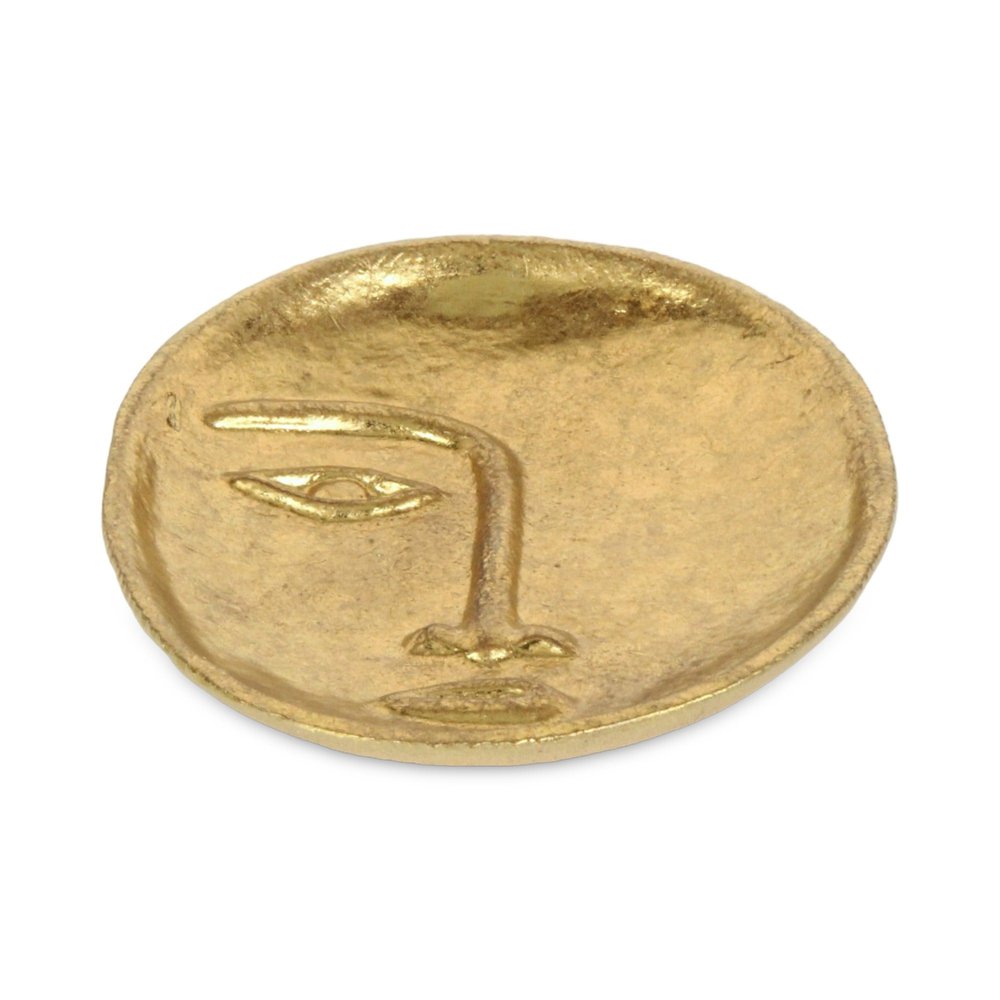 8" Gold Cast Iron Mod Abstract Face Oval Trinket Tray on a white background