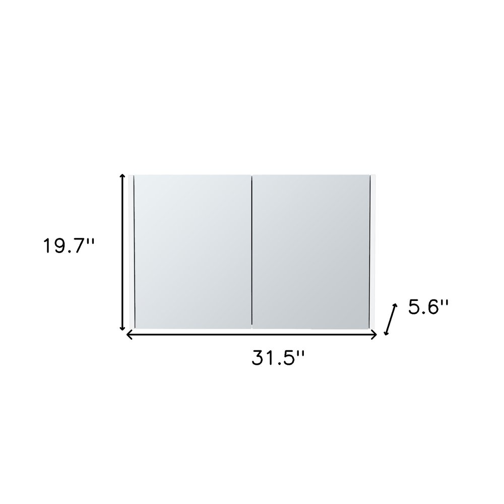 32" White Wood Wall Mounted Double Door Medicine Cabinet. Bathroom storage isolated on a plain white background, in a white wood finish.