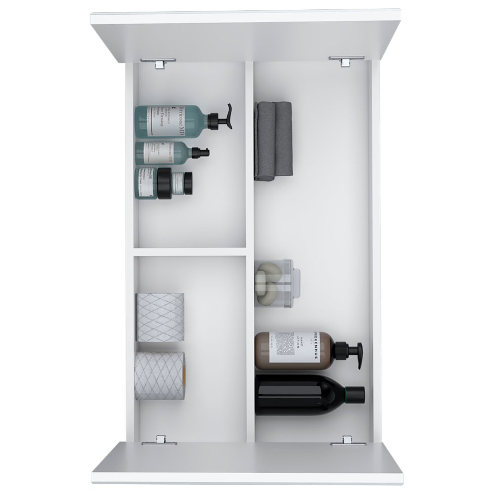 32" White Wood Wall Mounted Double Door Medicine Cabinet. Bathroom storage isolated on a plain white background, finished in white wood.