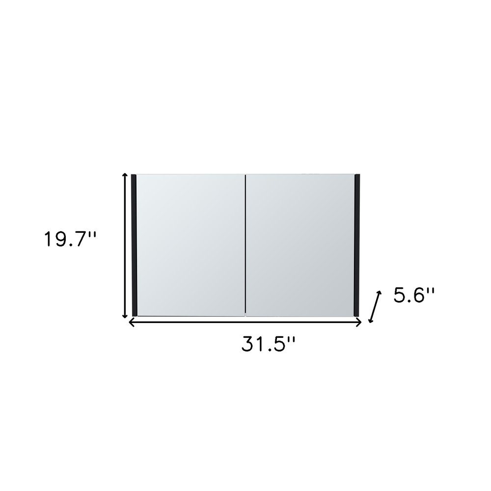 32" Black Wood Floating Bathroom Vanity And Medicine Cabinet With Mirror. Bathroom vanity isolated on a plain white background, showing a wood surface.