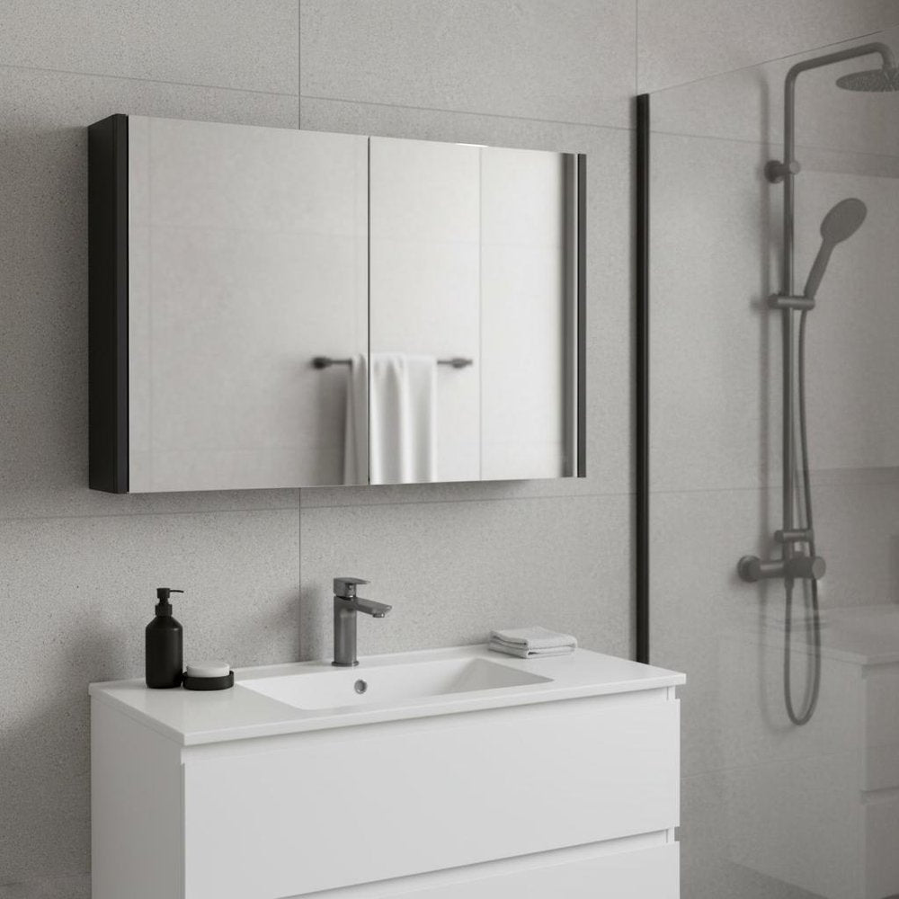 Close-up of 32" Black Wood Floating Bathroom Vanity And Medicine Cabinet With Mirror showing the wood texture.