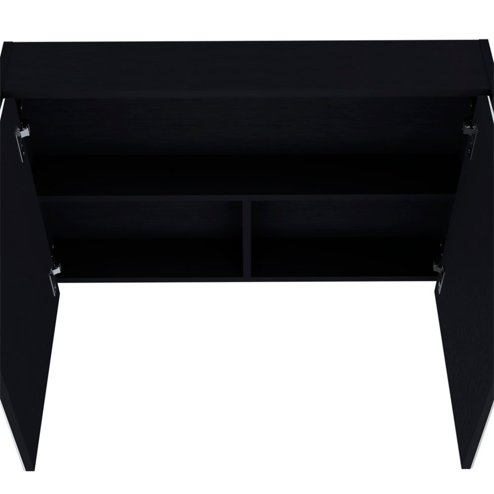 32" Black Wood Floating Bathroom Vanity And Medicine Cabinet With Mirror. Bathroom vanity isolated on a plain white background, in a black wood finish.