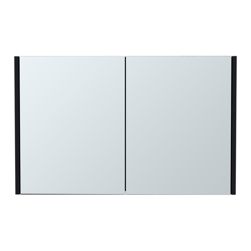 32" Black Wood Floating Bathroom Vanity And Medicine Cabinet With Mirror. Bathroom vanity isolated on a plain white background, showing a wood surface.