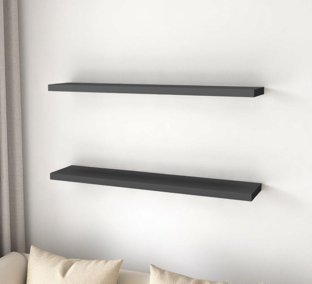 47" Set Of Two Dark Gray Wood Wall Mounted Floating Shelves. Wall mounted shelve in charcoal wood.