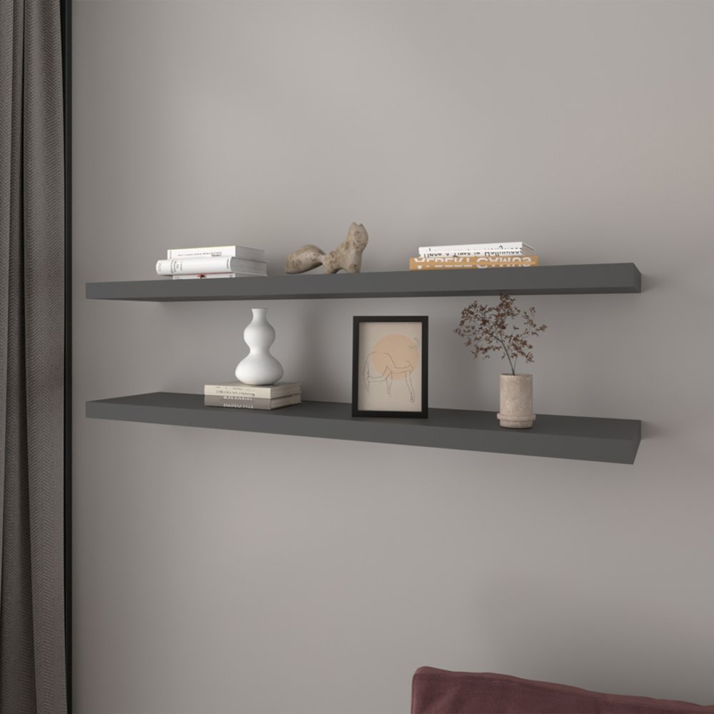 47" Set Of Two Dark Gray Wood Wall Mounted Floating Shelves close-up highlighting the charcoal wood surface.