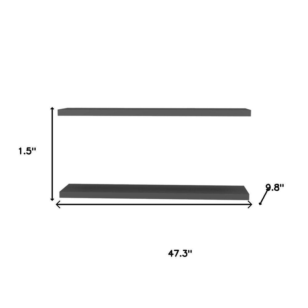 47" Set Of Two Dark Gray Wood Wall Mounted Floating Shelves. Wall mounted shelve isolated on a plain white background, showing a charcoal wood surface.