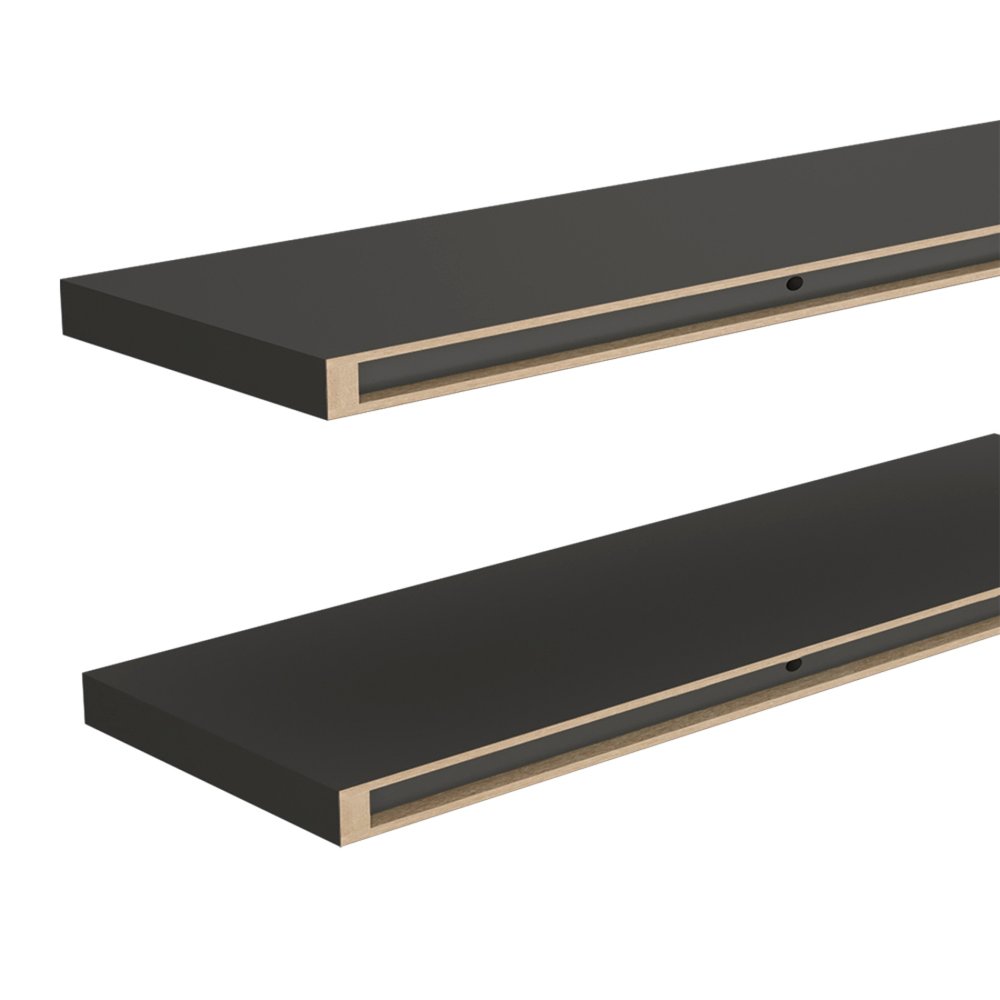 47" Set Of Two Dark Gray Wood Wall Mounted Floating Shelves. Wall mounted shelve isolated on a plain white background, in a charcoal wood finish.