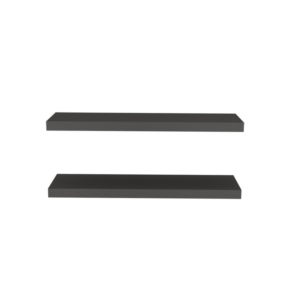 32" Set Of Two Dark Gray Wood Wall Mounted Floating Shelves. Wall mounted shelve isolated on a plain white background, in a charcoal wood finish.