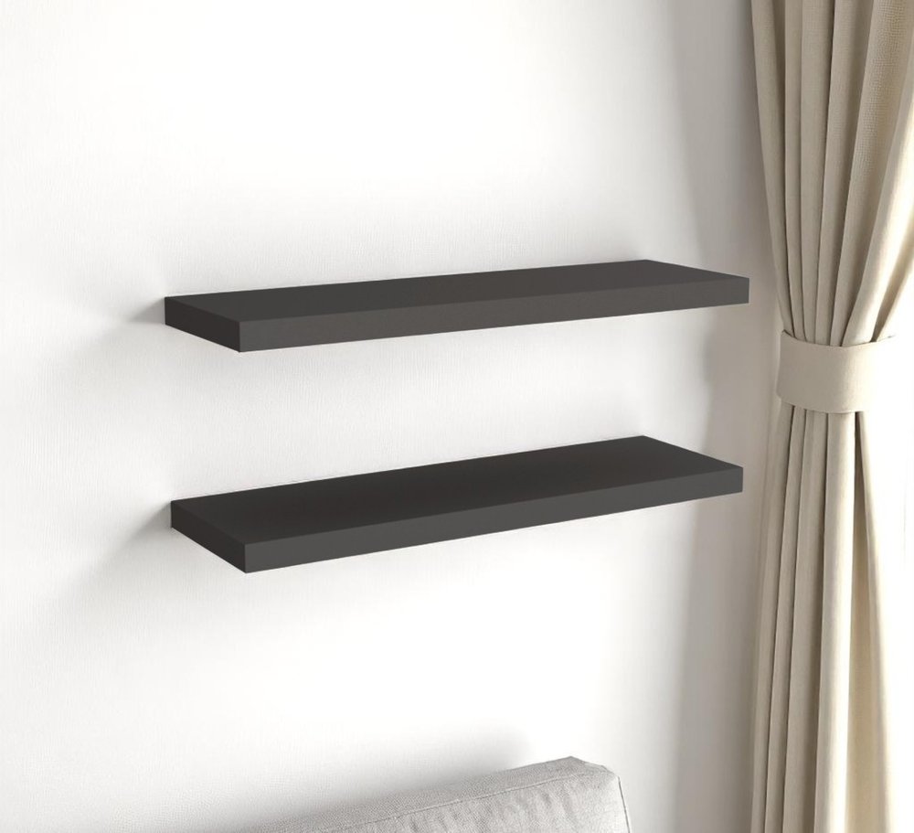 32" Set Of Two Dark Gray Wood Wall Mounted Floating Shelves. Wall mounted shelve isolated on a plain white background, finished in charcoal wood.