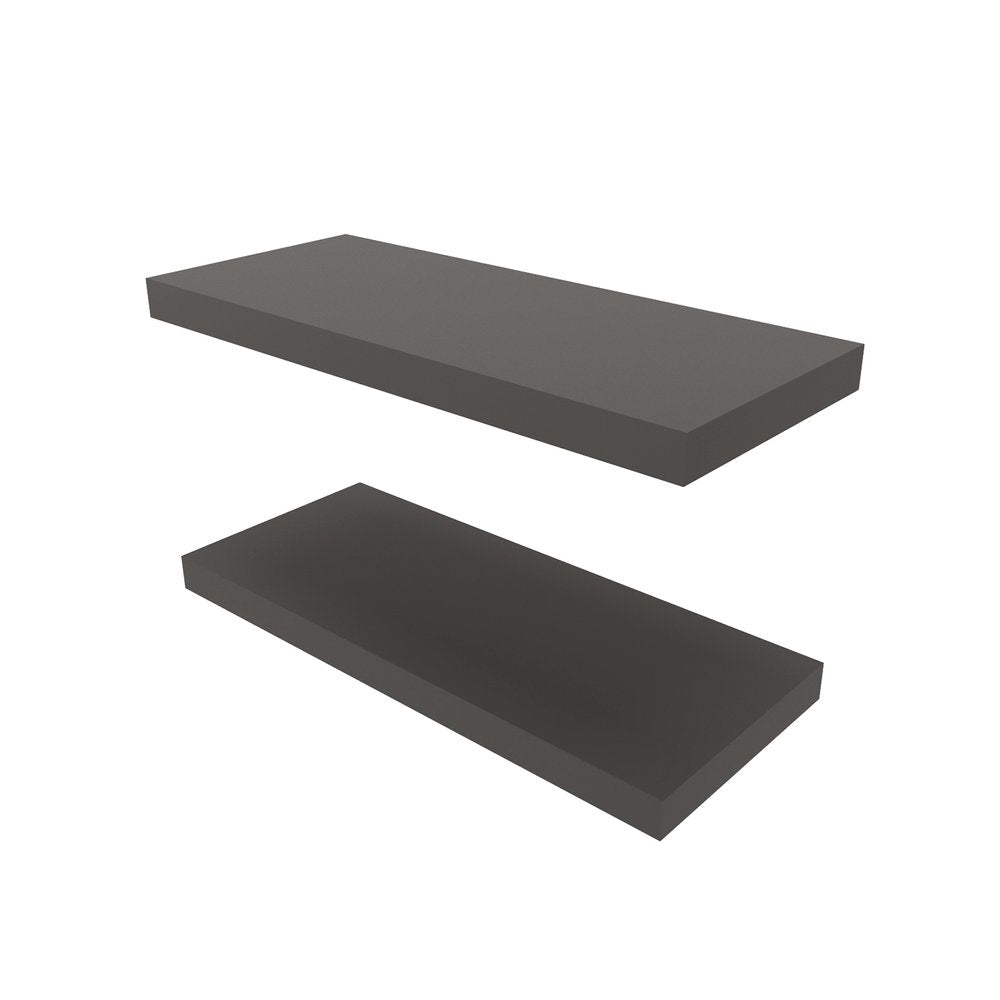 Two dark gray wood floating shelves mounted on a white background.