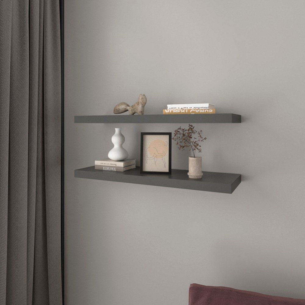32" Set Of Two Dark Gray Wood Wall Mounted Floating Shelves close-up highlighting the charcoal wood surface.