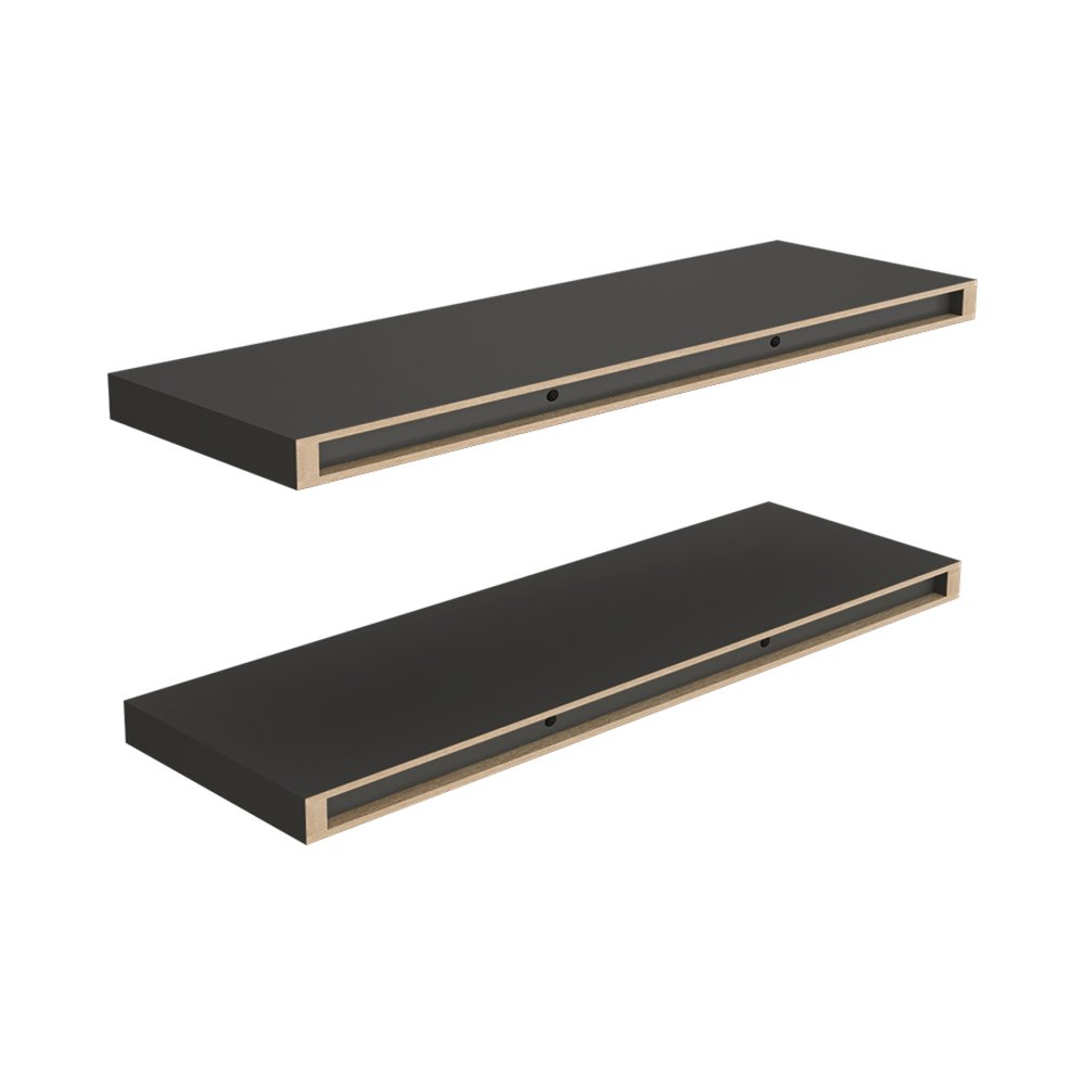 32" Set Of Two Dark Gray Wood Wall Mounted Floating Shelves. Wall mounted shelve isolated on a plain white background, showing a charcoal wood surface.