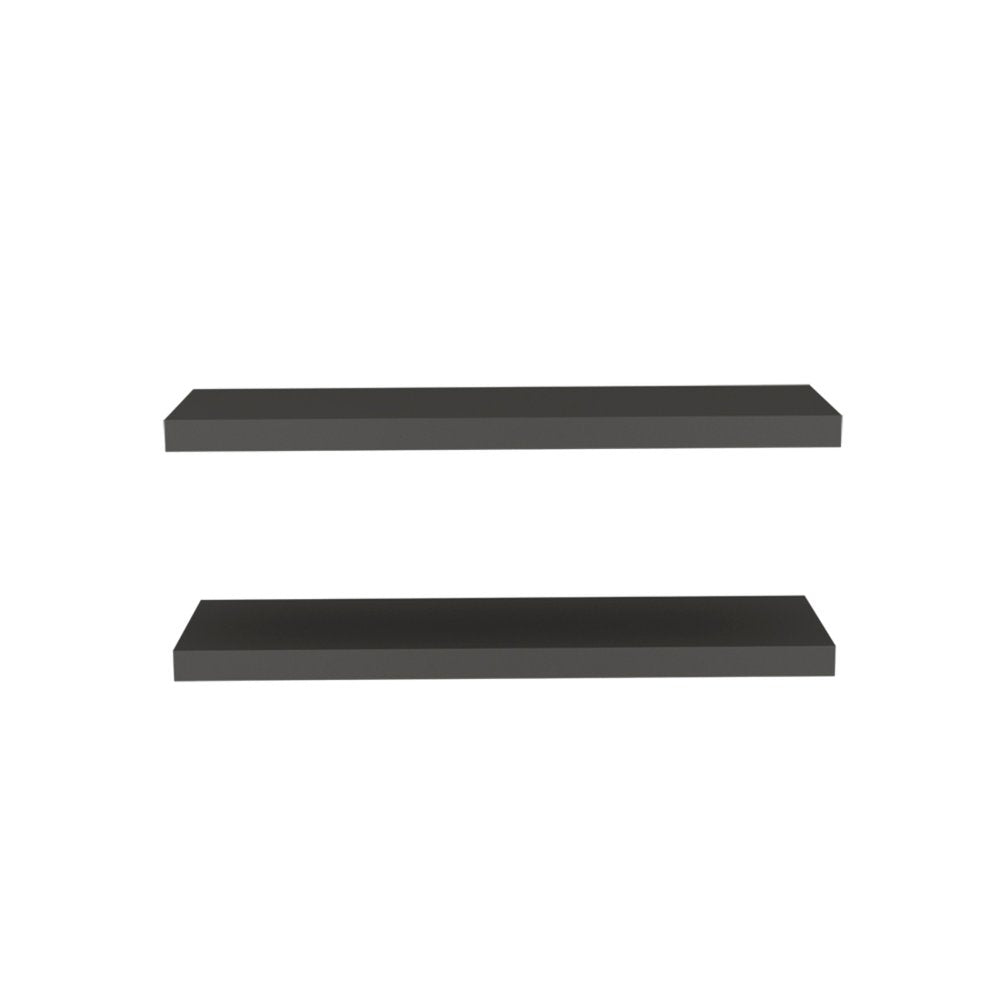 32" Set Of Two Dark Gray Wood Wall Mounted Floating Shelves. Wall mounted shelve isolated on a plain white background, in a charcoal wood finish.