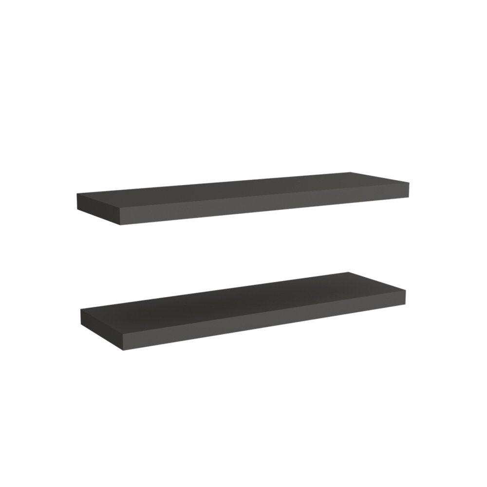 32" Set Of Two Dark Gray Wood Wall Mounted Floating Shelves. Wall mounted shelve isolated on a plain white background, finished in charcoal wood.