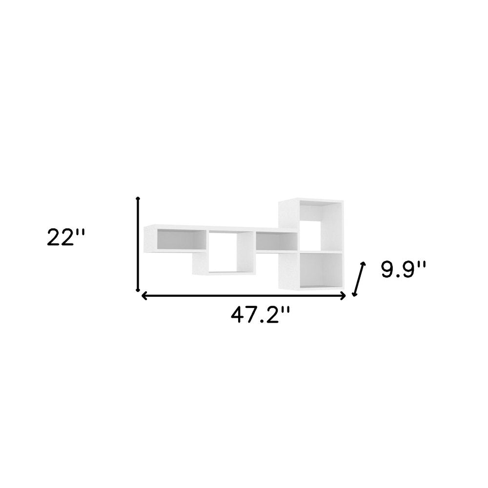 47" White Wood Wall Mounted Cubby Shelf. Wall mounted shelve isolated on a plain white background, showing a white wood surface.