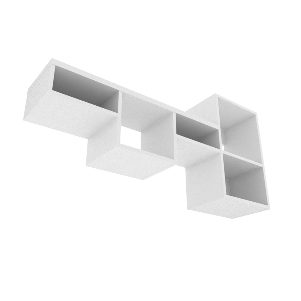 White wood wall-mounted cubby shelf with multiple open compartments against a white background.