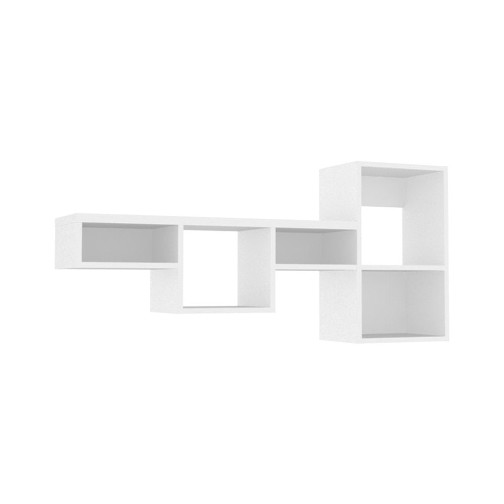 47" White Wood Wall Mounted Cubby Shelf. Wall mounted shelve isolated on a plain white background, finished in white wood.