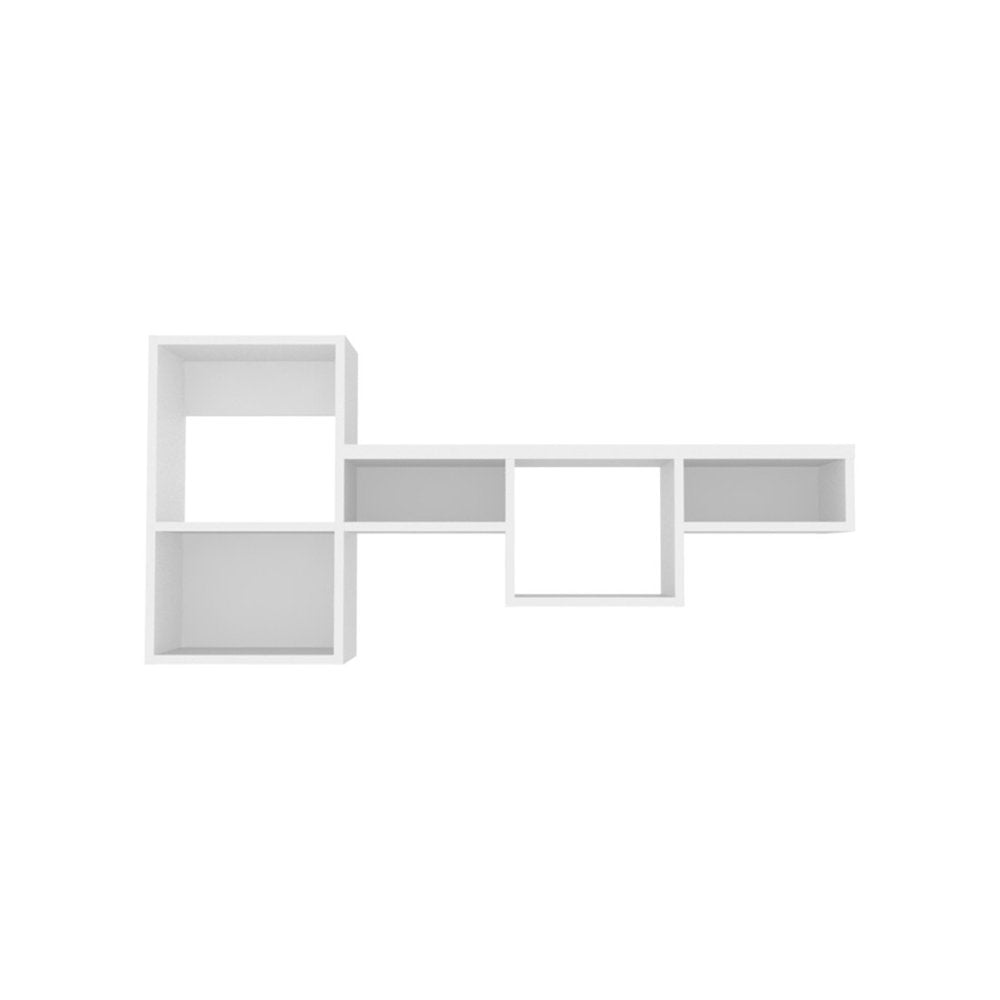 47" White Wood Wall Mounted Cubby Shelf. Wall mounted shelve isolated on a plain white background, showing a white wood surface.