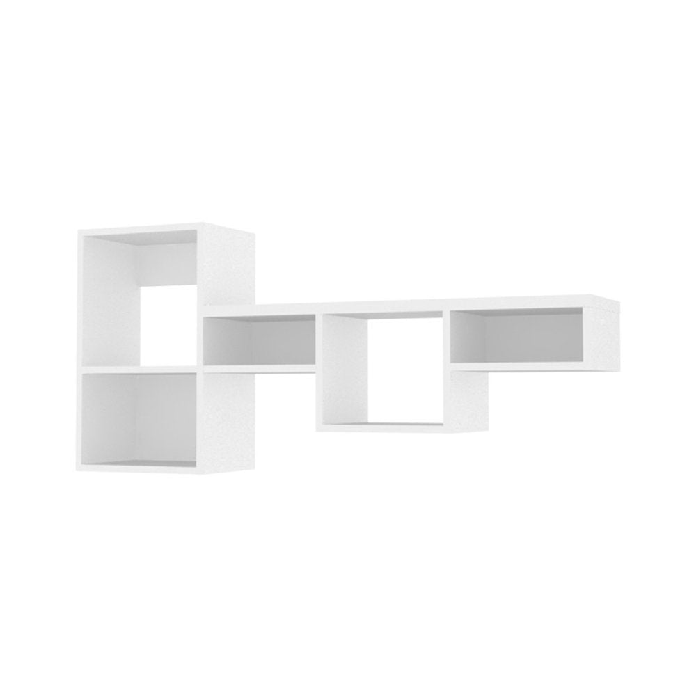 47" White Wood Wall Mounted Cubby Shelf. Wall mounted shelve isolated on a plain white background, finished in white wood.