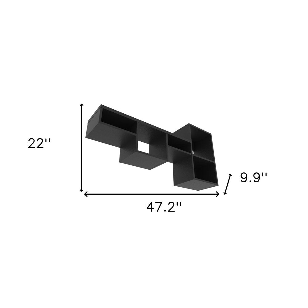 47" Black Wood Wall Mounted Cubby Shelf. Wall mounted shelve isolated on a plain white background, showing a black wood surface.