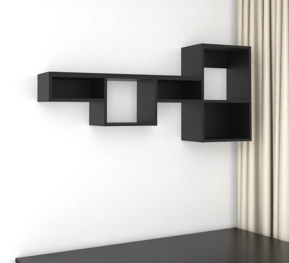 47" Black Wood Wall Mounted Cubby Shelf. Wall mounted shelve in black wood.
