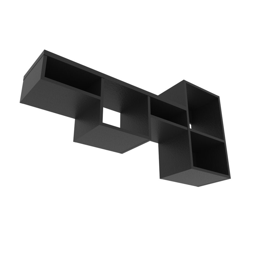Black wood wall-mounted cubby shelf with a textured finish against a white background.