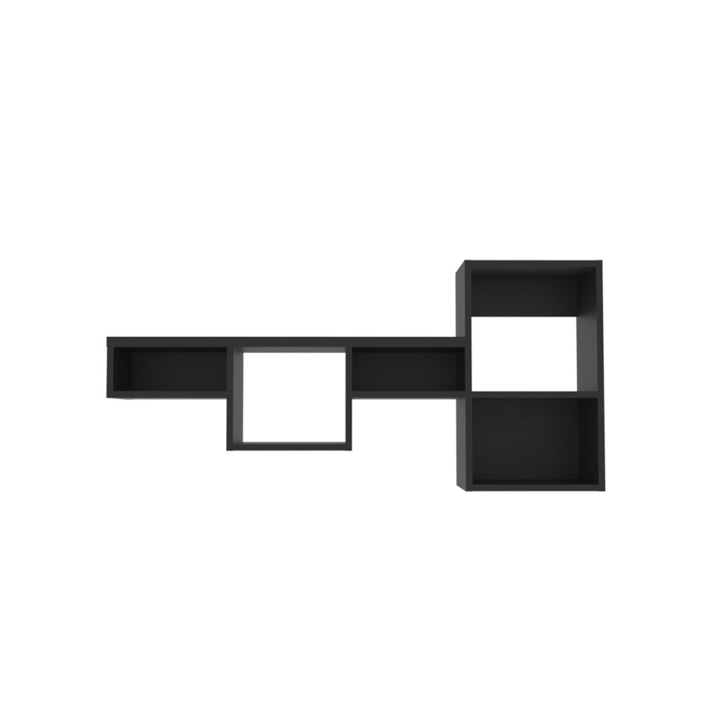 47" Black Wood Wall Mounted Cubby Shelf. Wall mounted shelve isolated on a plain white background, in a black wood finish.